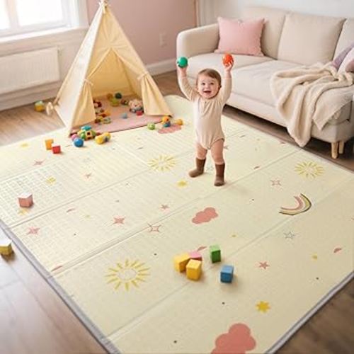 Mallify Extra Large Foldable Play Mat, Reversible Baby Play Mat with Edge Reinforcement, Non-Toxic & Waterproof Baby Mat for Floor, Foam Playmat with Travel Bag, Rainbow, Cloud & Moon, 79"x71"