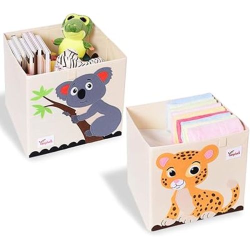 2 Pcs Foldable Animal Toy Storage Box/Bin/Cube, Collapsible Storage Organizer Chest Basket Container for Kids, Toddlers, Boys and Girls(13 x 13 x 13 Inch, Tiger & Koala)
