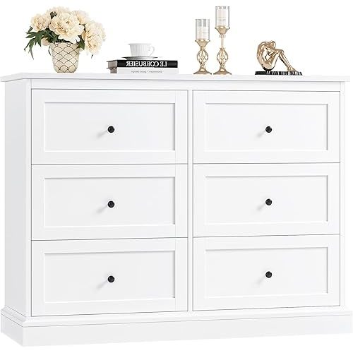 FOTOSOK White Dresser, 6 Drawer Dresser White, Modern Double Chest with Deep Drawers, Wide Storage Organizer Cabinet for Living Room Home