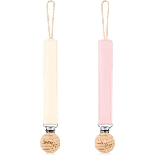 Baby Pacifier Clip, 2 Pack Fabric Pacifier Clips, Super Soft Fabric Strap with Wooden Clip, Pacifier Clips for Baby Girl & Boy (Cream/Blush)