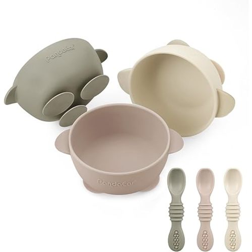 PandaEar 3 Pack Silicone Suction Baby Bowls & 3 Baby Feeding Spoons | Non-Slip Stay Put Bowls & Soft Silicone First Stage Spoons for Toddlers, BPA-Free Baby Led Weaning Set (Linen Brown Tan)