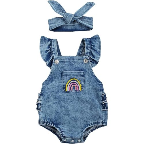 Fanvereka Newborn Baby Girls Rainbow Rompers Sleeveless Summer Ruffle Bodysuit Denim Rib Jumpsuit Headwear 2pcs Outfit Set