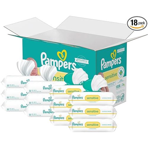 Pampers Sensitive Baby Wipes, Water Based, Hypoallergenic and Unscented, 18 Flip-Top Packs (1008 Wipes Total) [Packaging May Vary]