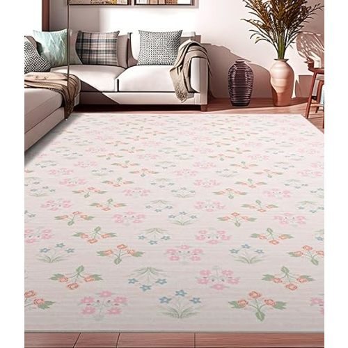 YIHOUSE Pink Floral Washable Area Rug 8'x10'- Large Colorful Living Room Rug Ultra-Thin Non-Slip Area Rug for Bedroom, Nursery Room, Kids Room (Pink, 8x10ft)