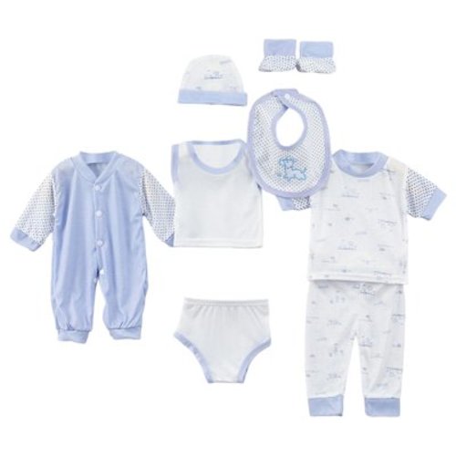 Caqnni Baby Layette Gift Set Outfit 8PCS Baby Boy Girl Boy Tops Hat Pants Bib Sock Shose Romper Outfits Set to 0-3 Months Shower Gift Set (A04-Blue)