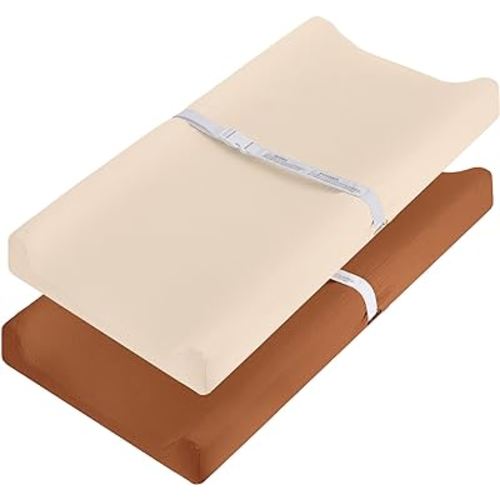 Pro Goleem Muslin Changing Pad Cover for Boys and Girls, Soft Breathable Fitted Cotton Diaper Changing Table Pad Sheets, Neutral, 2 Pack (Brown＆Beige)
