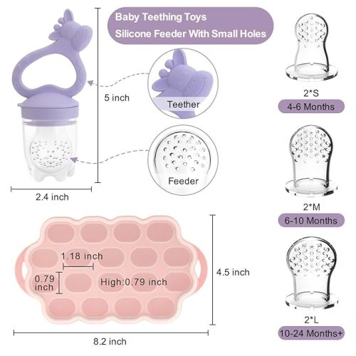 Baby Fruit Food Feeder Breastmilk Popsicle Molds for Teething Relief, Introduce New Foods, Silicone Freezer Tray with Lid, Includes 6 Food Pacifiers Pink & Purple