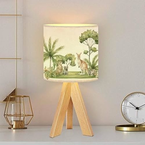 Tripod Table Lamp Watercolor Australian nature animals Kangaroo quokka Tasmanian devil Modern Bedside Dimmable Desk lamp Wooden Base Fabric Lampshade for Kids Room, Nursery, Bedroom, Living Room