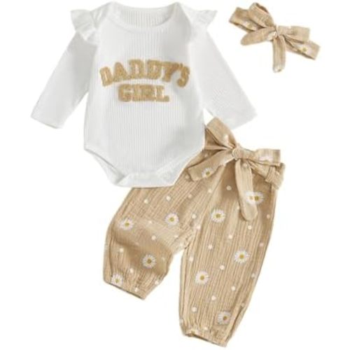 Tsnbre Newborn Baby Girl Outfits Daddys Girls Ruffle Long Sleeve Romper Top Pants Headband Infant Fall Winter Clothes