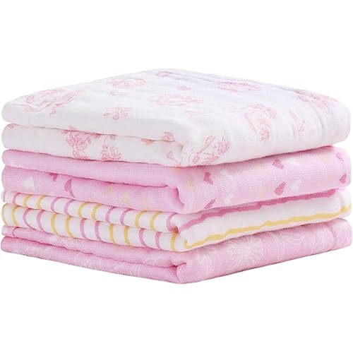 Viviland Baby Muslin Burp Cloths, Super Absorbent Washcloths for Baby Girl and Boy, 10 x 20 inches 6-Layer Baby Bath Towels, Pink Flowers & Hearts 4 Pack