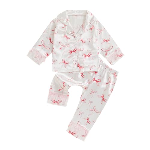 Multitrust Baby Girls Silk Pajamas Set Daisy Floral Girl Button Down Long Sleeve Shirts and Pants Infant Satin Pj Lounge Set