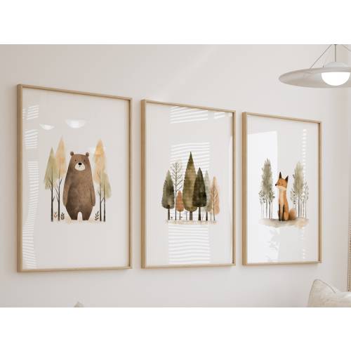 Woodland Forest Nursery Wall Art Baby Boy Girl Kid Room Decor, Cute Bear Fox Mountain Nature Wildlife Animals, Print Set Canvas Shower Gift