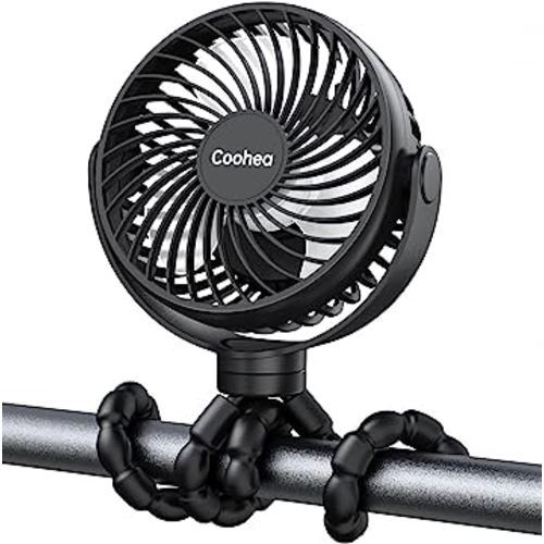 Coohea Stroller Fan Battery Operated Portable Fan USB Rechargeable Small Fan with Flexible Tripod Cooling Fan Clip on for Baby Stroller Crib Car Seat Beach Golf Cart Bike, 3 Speeds Wind, Black