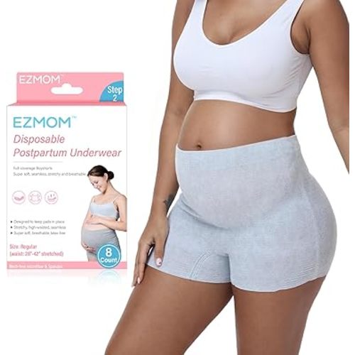 Postpartum Underwear, 8 Pcs Disposable Postpartum Essentials, High Waisted Stretch Maternity Boyshort Panties, Breathable After Birth Recovery, Hospital Bag Essential, Waist 28"-42", Grey
