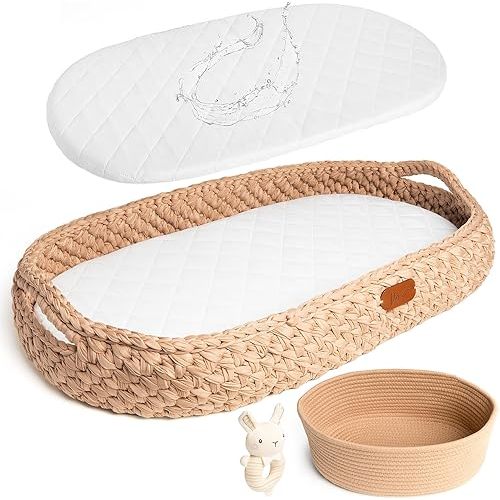 Handmade Baby Changing Basket Set with a Soft Changing Pad and Waterproof Cover,Diaper Organizer,Rattle Shaker, Moses Basket, Changing Table Topper for Dresser| Boho Bassinet, Handmade Crochet Basket
