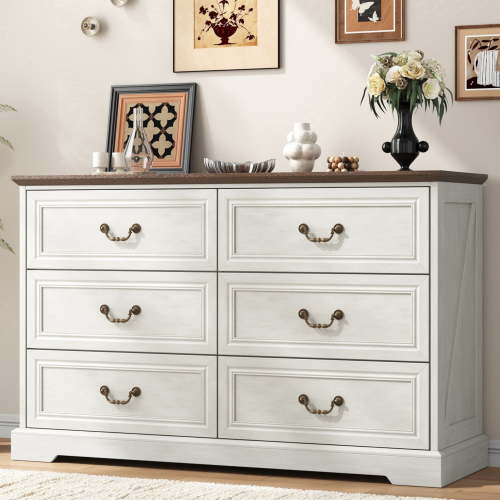 NEGYLIM 6 Drawer Dresser for Bedroom Farmhouse Chest of Drawers Retro Storage Cabinet with Vintage Handles Large Capacity White Dresser for Living Room,Closet,Hallway(Rustic White)
