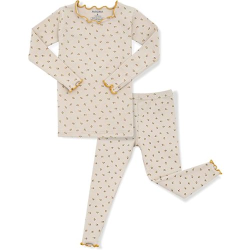 AVAUMA Baby Boy Girl Pajama Set 6M-7T Kids Cute Toddler Snug fit Flower Pattern Design Pjs Cotton Sleepwear Ruffled Shirring - 12-24 Months - Liang_beige