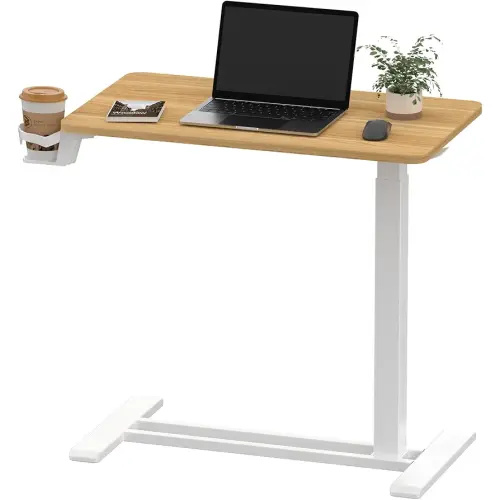 SANODESK Medical Adjustable Overbed Bedside Table with Hidden Casters, Pneumatic Mobile Laptop Computer Standing Desk Cart with Tray, Hospital and Home Use(27.6" W x 15.7" D, Maple)
