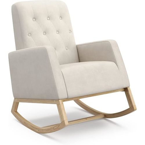 Storkcraft Northern Lights Premium Upholstered Nursery Rocking Chair (Ivory with Natural) – Stylish & Supportive Nursery Chair with Natural Wood Rocker Base, Premium Button Tufting for Classic Style