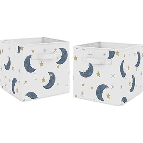 Sweet Jojo Designs Moon and Star Foldable Fabric Storage Cube Bins Boxes Organizer Toys Kids Baby Children's - Set of 2 - Navy Blue and Gold Watercolor Celestial Sky Gender Neutral Outer Space Galaxy
