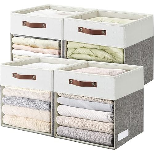 Storage Cubes, 4 Pack Linen Foldable Storage Bins (13 x 13 inch) with Clear Window and Handles, Fabric Organizer for Shelf Closet, Clothes, Books