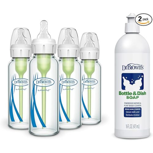 Dr. Brown's Natural Flow Anti-Colic Options+ Narrow Glass Baby Bottles, 8oz/250mL, with Level 1 Slow Flow Nipple, 2-Pack, 0m+ & Fragrance-Free Dish Soap, 16oz