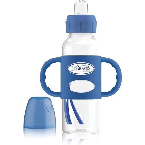 Dr. Brown's Milestones Narrow Sippy Spout Bottle with 100% Silicone Handles, Easy-Grip Handles with Soft Sippy Spout, 8oz/250mL, Blue, 1-Pack, 6m+