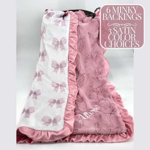 Pink bow girl Baby Blanket Baby Shower Gift Newborn Girl Soft minky Satin Trim blanket handmade Nursery Decor Photography Prop Toddler gift