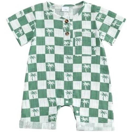 Adobabirl Baby Boy Girl Summer Clothes Short Sleeve Palm Romper Checkered Jumpsuit Shorts Infant Cute Summer Outfit