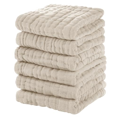 Unnivoll Muslin Baby Washcloths 6 Pack, 100% Cotton Wash Cloths for Babies, Large 12''X12'' Burp Cloths Absorbent and Soft for Newborn Infants Kids Boys Girls - Apricot