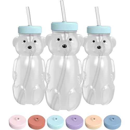 Honey Bear Straw Cup for Babies, 8-oz Honey Bear Cup with Lid, 3-Pack Therapy Learning Honeybear Straw Cup, Baby Honey Bear Bottle Set, Blizzard AQUA