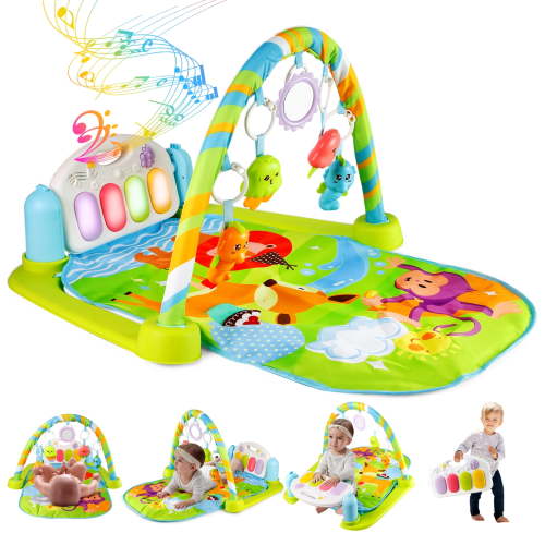 Baby Play Mat Baby Gym Funny Play Piano Tummy Time Baby Activity Gym Mat with 5 Infant Learning Sensory Baby Toys, Music and Lights Boy & Girl Gifts for Newborn Baby 0 to 3 6 9 12 Months