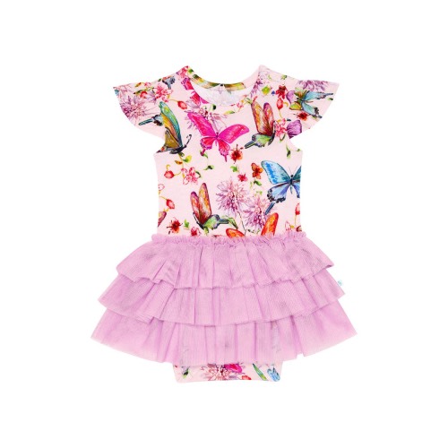 Watercolor Butterfly Ruffle Cap Sleeve Tulle Tutu Dress, 3-6M