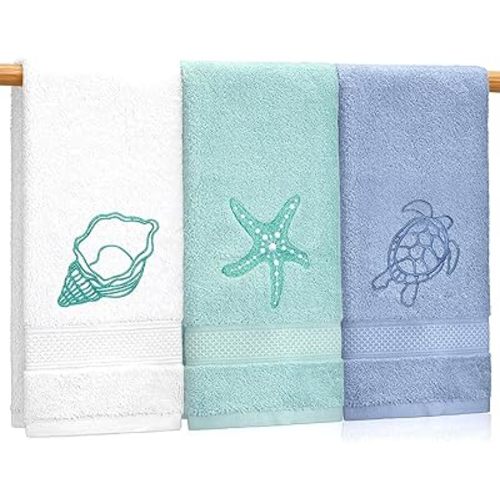 3 Pack Beach Hand Towels for Bathroom, 100% Cotton Soft Coastal Bathroom Towels Ocean Beach Kitchen Decor 13.5 x 29.5 Inch for Kitchen Summer Decoration