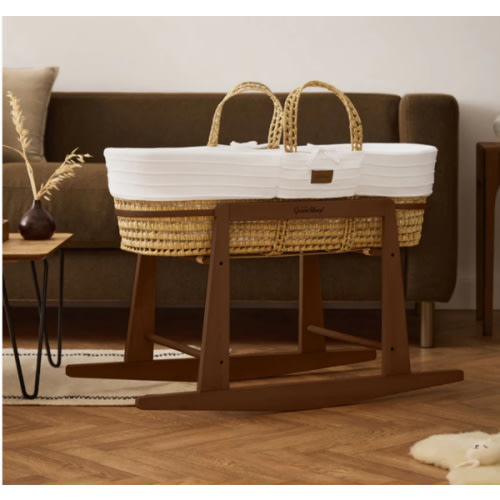 Organic Ripple Knitted Moses Basket, Mattress & Walnut Rocking Stand W ‐ The Little Green Sheep