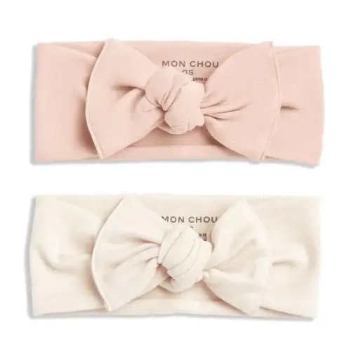 MON CHOU Adjustable Baby Headbands - Set of 2 Organic Cotton Headbands for Baby Girls - Ultra Soft, 100% Pima Cotton Infant Hair Bows (Ivory & Bloom)