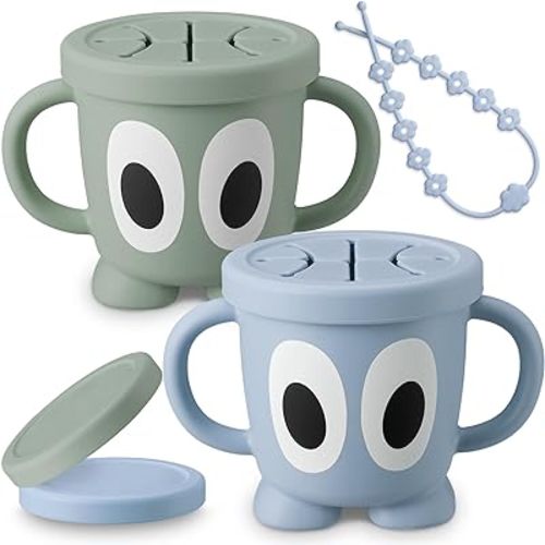 Silicone Snack Cups Food Container for Toddlers and Babies, Spill Proof Training Cup with Snack Cup Lid & Dust Proof Lid, Comes with a toy strap, Without BPA, Lead, or Phthalates (Ether & Sage)