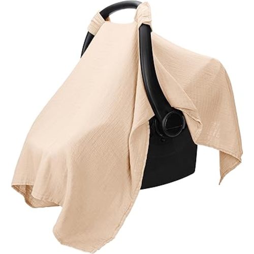 Comfy Cubs Baby Car Seat Cover - Soft, Breathable Bamboo Rayon and Muslin Cotton Blend - Lightweight Canopy for Sun, Bug, and Comfort Protection - Large Size Infant Seat Cover in Cream Design