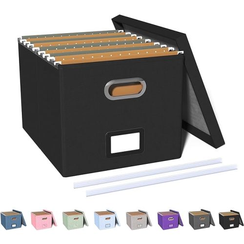 Oterri File Organizer Box,Filing Box with Lid,File Box for Letter/Legal File Folder Storage, Portable Hanging File Box for Office/Decor/Home,1 Pack,Black-Box only - 1 pack