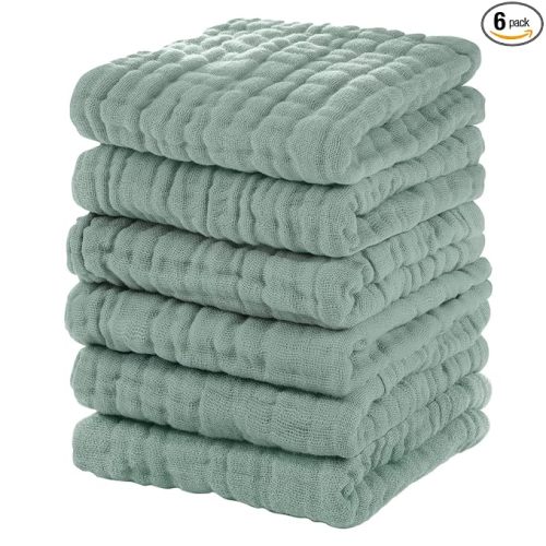 Muslin Burp Cloths Baby 12''X12'', Baby Washcloths 6 Pack, 100% Cotton Baby Wash Cloths Absorbent and Soft for Newborn Infants Kids Boys Girls - Dark Green