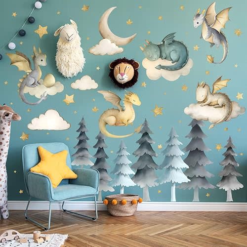 Dragon Wall Stickers,Peel and Stick Colorful Flying Dragon,White Clouds, Stars.Tree Self-Adhesive Mural,Removable Wall Sticker for Living Room Baby Nursery Kids Room Wall Decor (Large Dragon Decal)