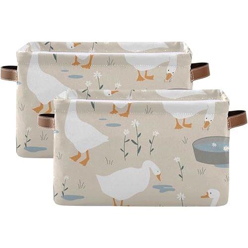 Aslsiy Toy Storage Basket Cute Goose Nursery Bins Doodle Flowers Baby Toys Box Canvas Clothes Shelf Basket Laundry Hamper Gift Basket for Home Closet 2 Pcs