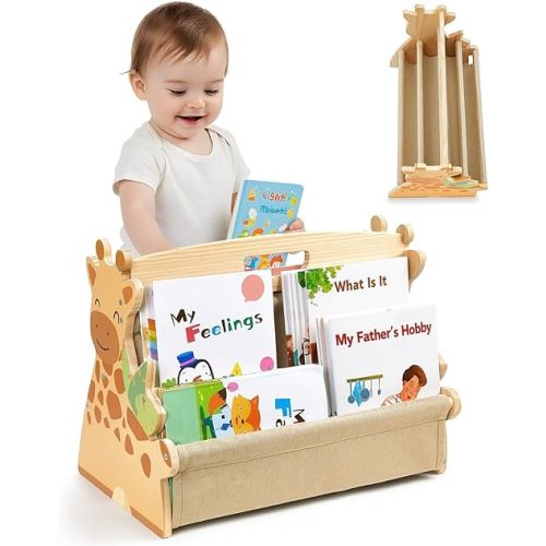 Toddler Bookshelf Double-Sided with 4 Tier Deep Sleeves Kids Wooden Montessori Book Rack for Baby Nursery Room, Playroom, Classroom or Bedroom Bookcase Storage Organizer, Light Wood Giraffe