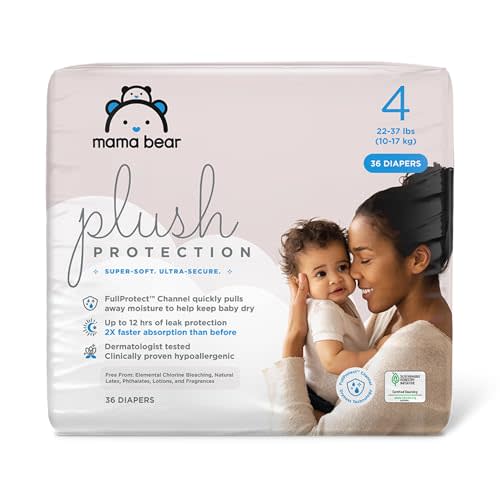 Amazon Brand - Mama Bear Plush Protection Diapers - Size 4, 36 Count, Hypoallergenic Premium Disposable Baby Diapers, White and Cloud Dreams