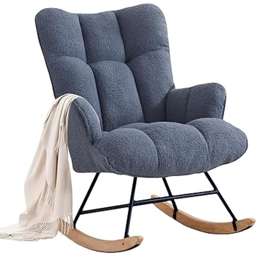Rocking Chair Nursery Teddy Upholstered Glider Rocker Rocking Accent Chair Padded Seat with High Backrest Armchair Comfy Side Chair for Living Room Bedroom Offices (Dark Blue Teddy)