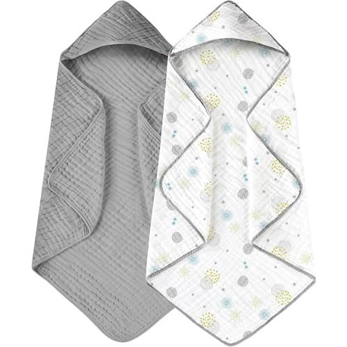 Yoofoss Hooded Baby Towels for Newborn 2 Pack 100% Muslin Cotton Baby Bath Towel with Hood for Babies, Infant, Toddler and Kids, Large 32x32Inch, Soft and Absorbent Newborn Essential