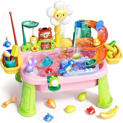 Pupu Pig Water Table Play Sink Toys for Toddlers, Kids Play Kitchen Sink with Running Water, 360° Electric Faucet, Floating Fishing Game, Sensory Water Table Toys for Boys Girls Summer Gifts - Pink