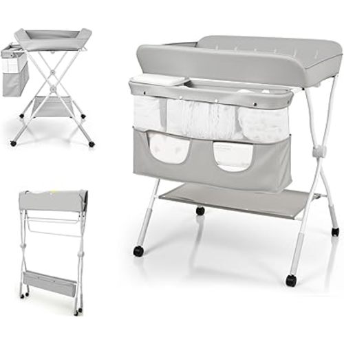 Lilian&Gema Baby Changing Table with Wheels, Portable Changing Table Folding Diaper Changing Station with Nursery Organizer, Adjustable Height Change Table for Newborn & Infant