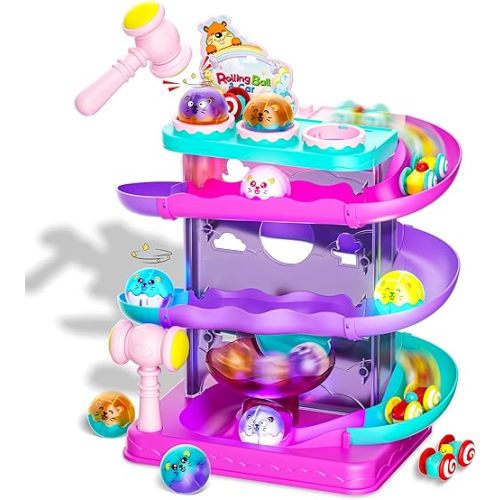 Hammer Ball Drop Toy for 2+ Years Old Boys & Girls, Interactive Toddler Toys w/Sensor Lights - 2 in 1 Rolling Ball & Car Ramp Race Track - Montessori STEM Learning Toys - Slot Cars Gift Ages 1-5