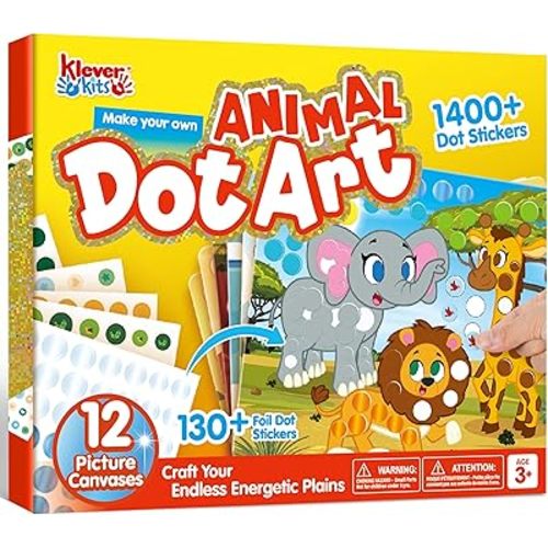 Klever Kits Dot Art Kit for Kids, No Mess Sticker for Toddlers 3-7, Craft Kits, DIY Creative Activity, Travel Toy, Birthday Gifts for Boys Girls (Animal)